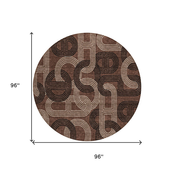 HomeRoots 5' Modern Geometric Chocolate Beige Washable Area Rug for Stylish Indoor and Outdoor Spaces 8' Round 614037