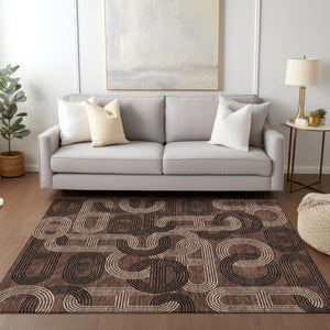 HomeRoots 5' Modern Geometric Chocolate Beige Washable Area Rug for Stylish Indoor and Outdoor Spaces 8' X 10' 614038