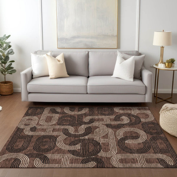 HomeRoots 5' Modern Geometric Chocolate Beige Washable Area Rug for Stylish Indoor and Outdoor Spaces 9' X 12' 614039