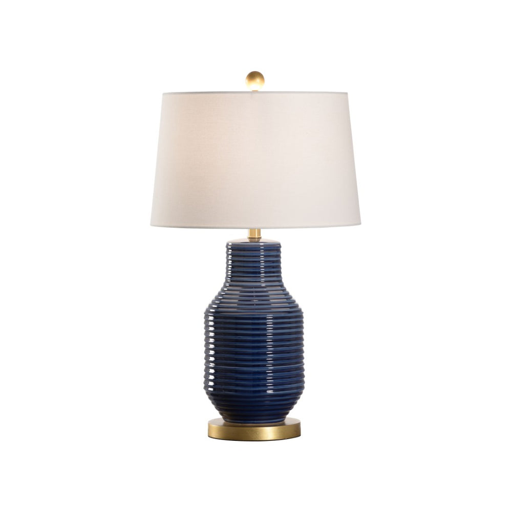 Wildwood Lydia Ceramic Table Lamp In Rich Blue Glaze With Ribbed Silhouette And Gold-Leaf Accents, 28" H 61404