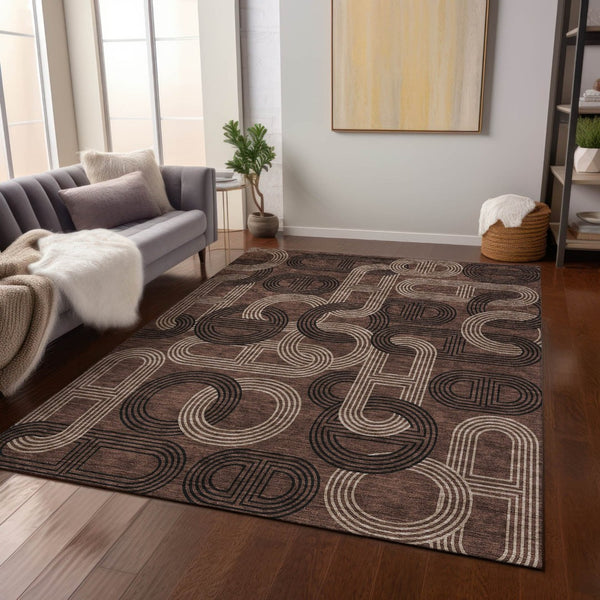 HomeRoots 5' Modern Geometric Chocolate Beige Washable Area Rug for Stylish Indoor and Outdoor Spaces 10' X 14' 614040