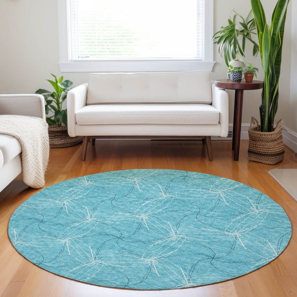 HomeRoots 5' Aqua and Ivory Geometric Area Rug - Durable, Washable Indoor/Outdoor Design for High-Traffic Spaces 8' Round 614049