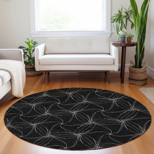 HomeRoots 5' Black and Ivory Geometric Area Rug - Stylish, Washable, Durable for Indoor and Outdoor Use 8' Round 614061