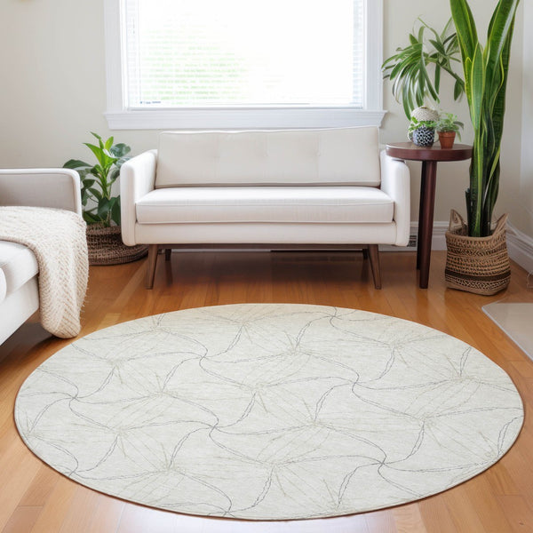 HomeRoots 5' Stylish Ivory and Taupe Geometric Area Rug - Washable, Durable, Perfect for Indoor and Outdoor Use 8' Round 614079