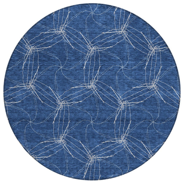 HomeRoots 5' Navy Blue and Ivory Geometric Area Rug - Stylish, Washable Design for Indoor and Outdoor Elegance 8' Round 614091