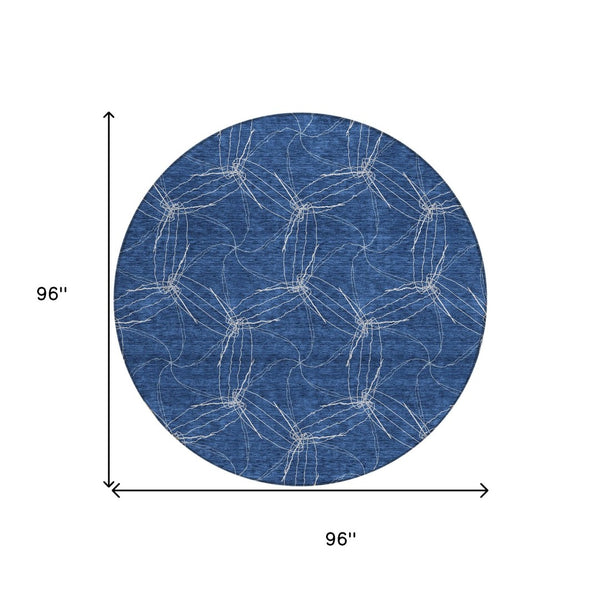 HomeRoots 5' Navy Blue and Ivory Geometric Area Rug - Stylish, Washable Design for Indoor and Outdoor Elegance 8' Round 614091