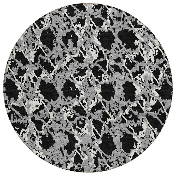 HomeRoots 5' Black and Gray Abstract Area Rug – Modern, Washable, Indoor/Outdoor Design for High-Traffic Spaces 8' Round 614127