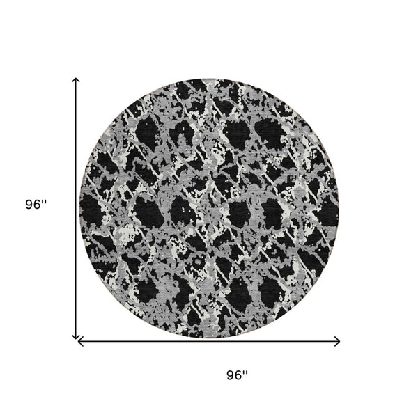 HomeRoots 5' Black and Gray Abstract Area Rug – Modern, Washable, Indoor/Outdoor Design for High-Traffic Spaces 8' Round 614127