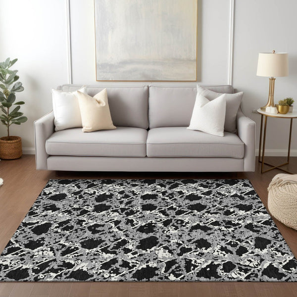 HomeRoots 5' Black and Gray Abstract Area Rug – Modern, Washable, Indoor/Outdoor Design for High-Traffic Spaces 9' X 12' 614129