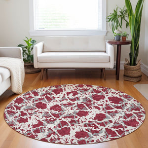 HomeRoots 5' Stylish Burgundy and Ivory Abstract Area Rug for Indoor and Outdoor Use - Durable and Washable 8' Round 614139