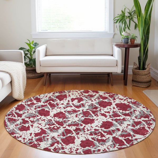 HomeRoots 5' Stylish Burgundy and Ivory Abstract Area Rug for Indoor and Outdoor Use - Durable and Washable 8' Round 614139