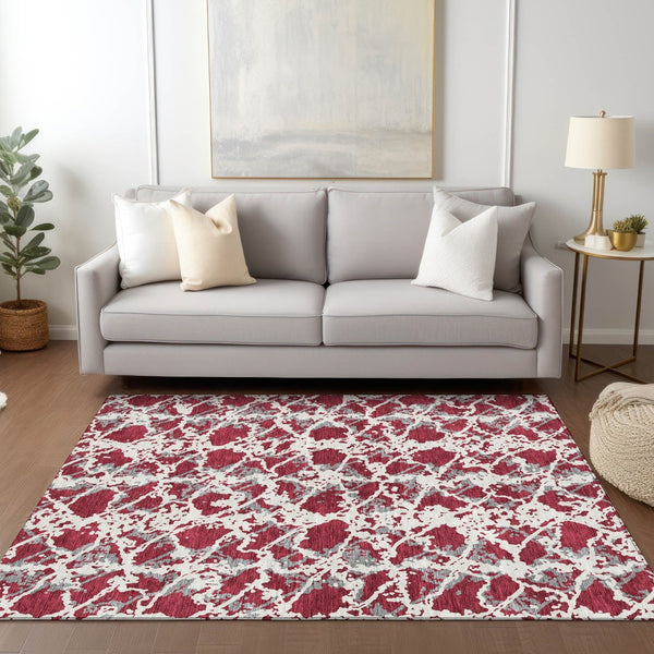 HomeRoots 5' Stylish Burgundy and Ivory Abstract Area Rug for Indoor and Outdoor Use - Durable and Washable 9' X 12' 614141