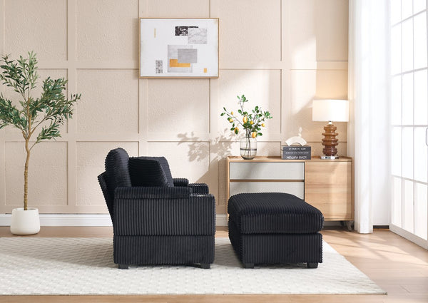 English Elm Corduroy Upholstered Chaise Lounge Sofa with Movable Ottoman, Cup Holder, Deep Seat Comfort Black W2120S00011
