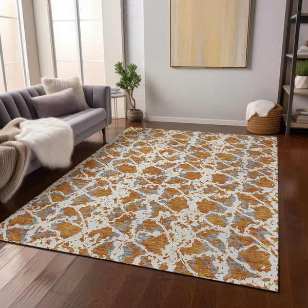 HomeRoots 5' Copper and Ivory Abstract Rug - Washable, Durable Design for Indoor and Outdoor Spaces, Family-Friendly 10' X 14' 614154
