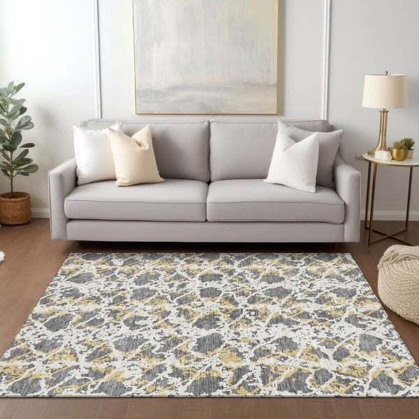 HomeRoots 5' Abstract Gray and Ivory Area Rug - Stylish, Washable, and Durable for Indoor or Outdoor Use 9' X 12' 614165