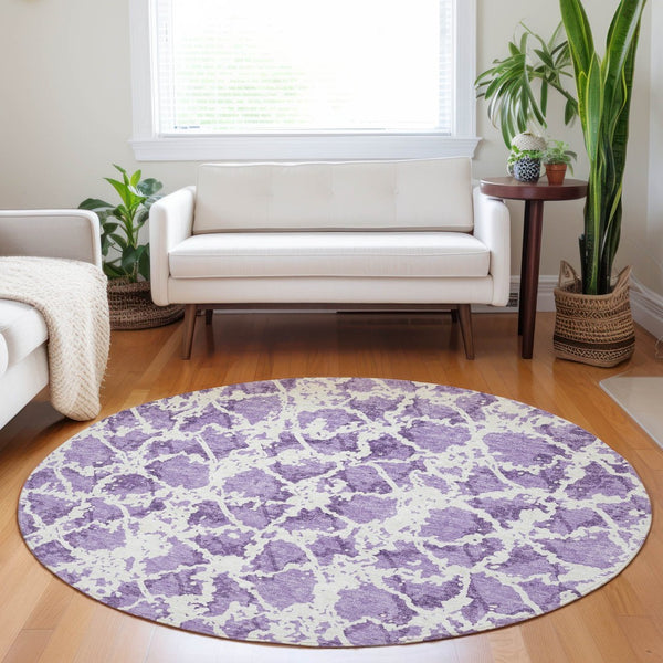 HomeRoots 5' Lilac and Ivory Abstract Area Rug - Stylish, Durable, Machine Washable for Indoor and Outdoor Use 8' Round 614175