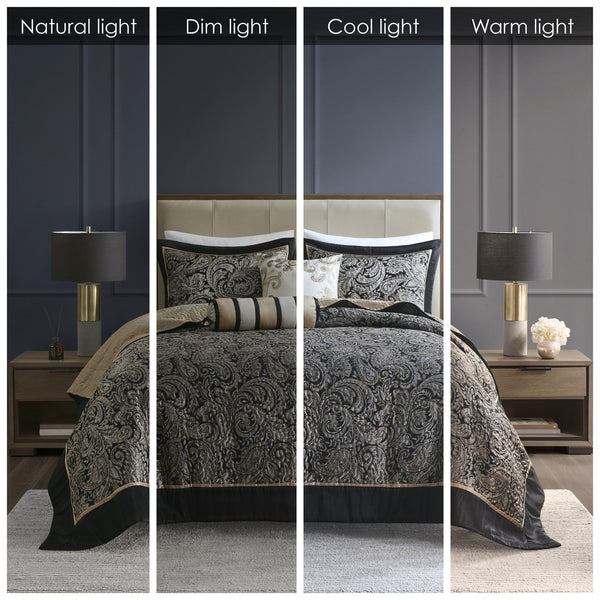 English Elm 5 Aubrey Reversible Jacquard Bedspread Set Queen – Black Gold Paisley, Quilted Shams & Decorative Pillows B03597641