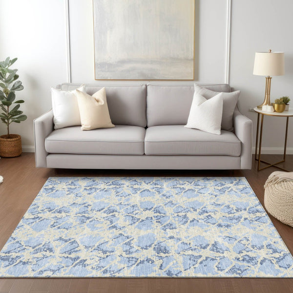 HomeRoots 5' Sky Blue and Ivory Abstract Area Rug - Modern, Washable Design for Indoor and Outdoor Spaces 9' X 12' 614183