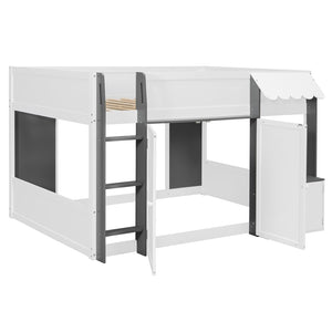 English Elm Twin House Loft Bed with Pull Out Rolling Desk Stair Drawers and Cabinet Storage White+Gray N820S00074E