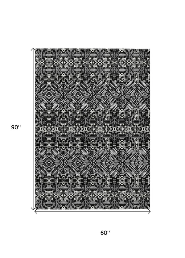 HomeRoots 5' Black and Ivory Tribal Area Rug - Stylish, Washable Design for Indoor and Outdoor Spaces 5' X 8' 614204