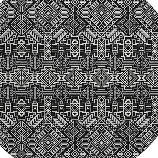 HomeRoots 5' Black and Ivory Tribal Area Rug - Stylish, Washable Design for Indoor and Outdoor Spaces 8' Round 614205