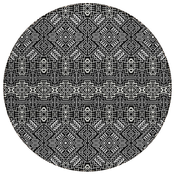 HomeRoots 5' Black and Ivory Tribal Area Rug - Stylish, Washable Design for Indoor and Outdoor Spaces 8' Round 614205