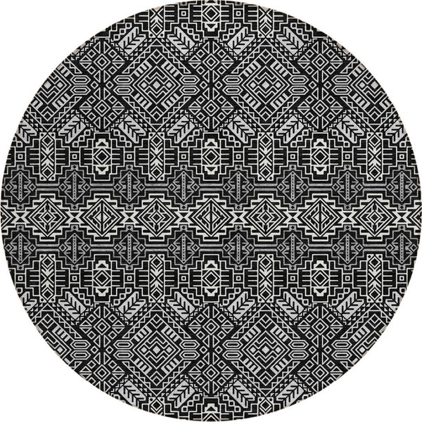 HomeRoots 5' Black and Ivory Tribal Area Rug - Stylish, Washable Design for Indoor and Outdoor Spaces 8' Round 614205
