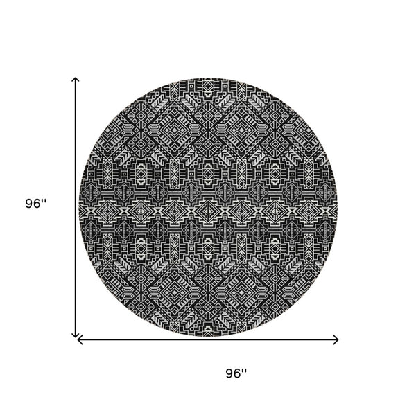 HomeRoots 5' Black and Ivory Tribal Area Rug - Stylish, Washable Design for Indoor and Outdoor Spaces 8' Round 614205
