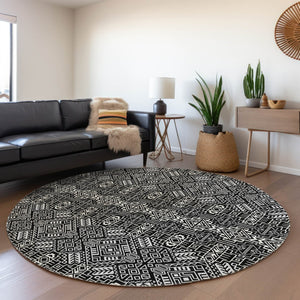 HomeRoots 5' Black and Ivory Tribal Area Rug - Stylish, Washable Design for Indoor and Outdoor Spaces 8' Round 614205