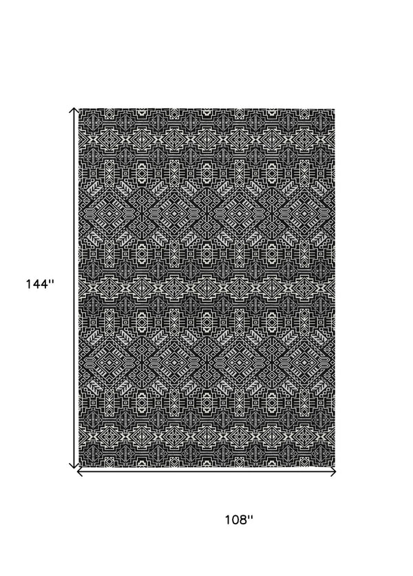 HomeRoots 5' Black and Ivory Tribal Area Rug - Stylish, Washable Design for Indoor and Outdoor Spaces 9' X 12' 614207
