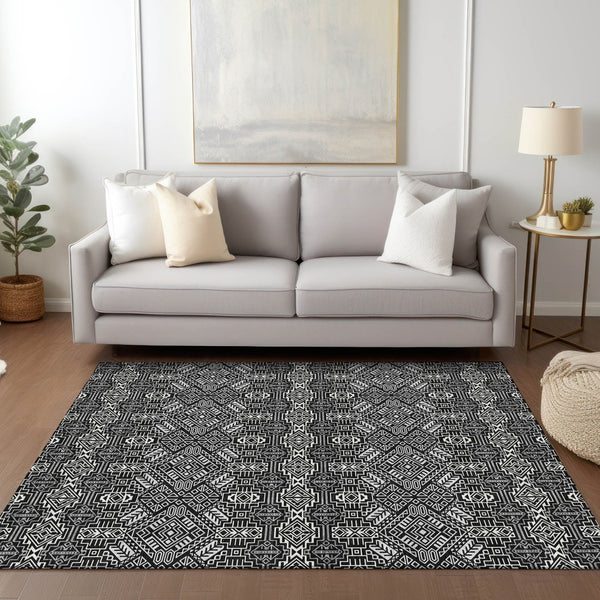 HomeRoots 5' Black and Ivory Tribal Area Rug - Stylish, Washable Design for Indoor and Outdoor Spaces 9' X 12' 614207