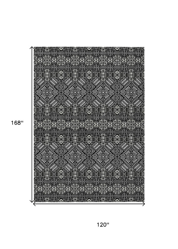 HomeRoots 5' Black and Ivory Tribal Area Rug - Stylish, Washable Design for Indoor and Outdoor Spaces 10' X 14' 614208