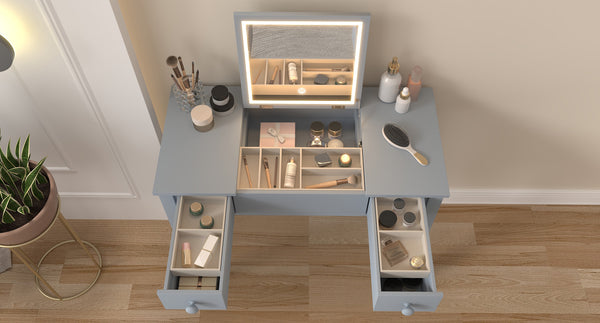 English Elm Multifunctional Vanity Desk with Flip-Top Mirror, 3-Level LED Lighting, Ample Storage for Small Spaces Grey W760P152317