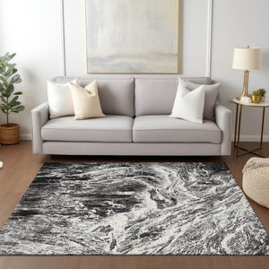 HomeRoots 5' Modern Black and Ivory Abstract Area Rug - Washable, Durable, Indoor-Outdoor Design for Any Space 5' X 8' 614276