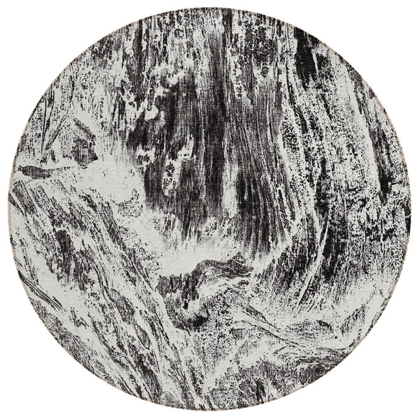 HomeRoots 5' Modern Black and Ivory Abstract Area Rug - Washable, Durable, Indoor-Outdoor Design for Any Space 8' Round 614277