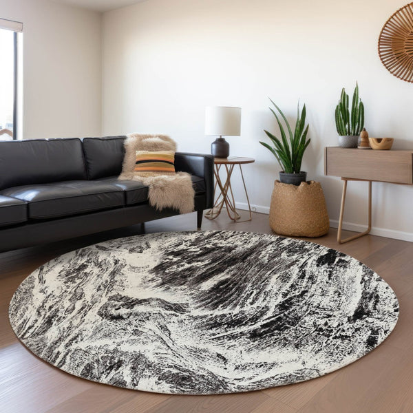HomeRoots 5' Modern Black and Ivory Abstract Area Rug - Washable, Durable, Indoor-Outdoor Design for Any Space 8' Round 614277