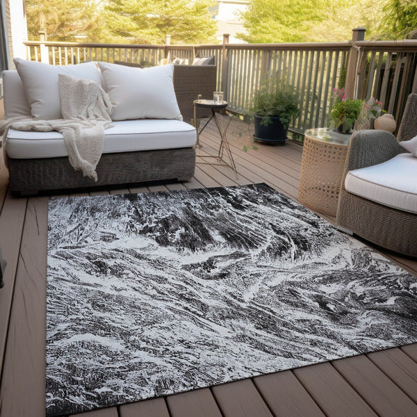 HomeRoots 5' Modern Black and Ivory Abstract Area Rug - Washable, Durable, Indoor-Outdoor Design for Any Space 9' X 12' 614279