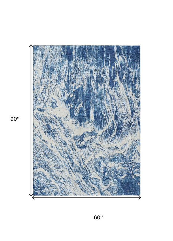 HomeRoots 5' Navy Blue and Ivory Abstract Area Rug - Stylish, Durable, Washable for Indoor and Outdoor Use 5' X 8' 614294