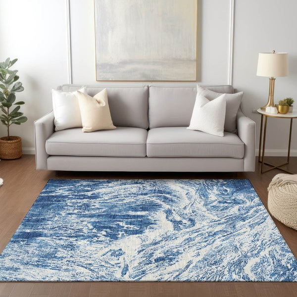 HomeRoots 5' Navy Blue and Ivory Abstract Area Rug - Stylish, Durable, Washable for Indoor and Outdoor Use 5' X 8' 614294