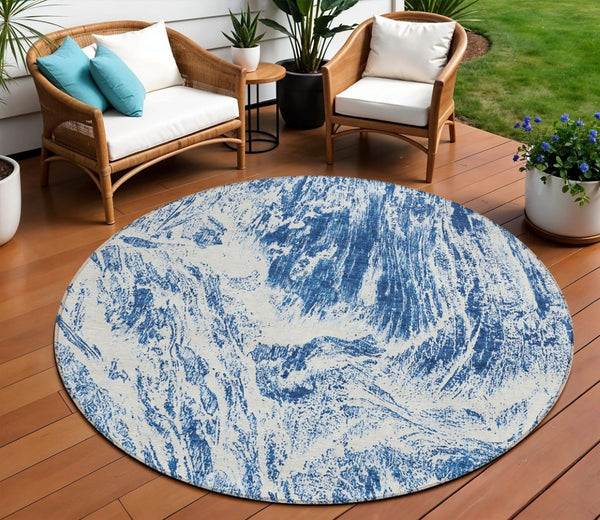 HomeRoots 5' Navy Blue and Ivory Abstract Area Rug - Stylish, Durable, Washable for Indoor and Outdoor Use 8' Round 614295