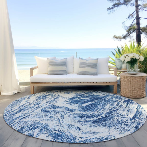 HomeRoots 5' Navy Blue and Ivory Abstract Area Rug - Stylish, Durable, Washable for Indoor and Outdoor Use 8' Round 614295