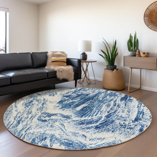 HomeRoots 5' Navy Blue and Ivory Abstract Area Rug - Stylish, Durable, Washable for Indoor and Outdoor Use 8' Round 614295
