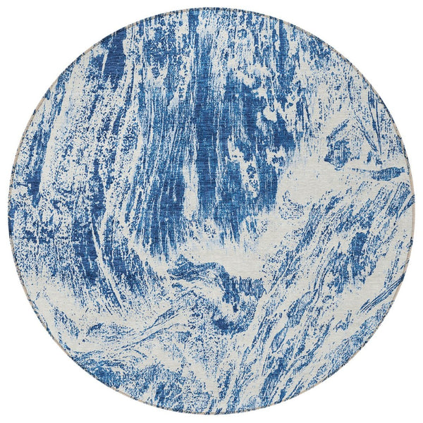 HomeRoots 5' Navy Blue and Ivory Abstract Area Rug - Stylish, Durable, Washable for Indoor and Outdoor Use 8' Round 614295
