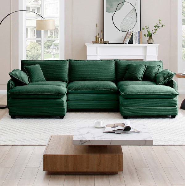 English Elm Oversized Modular Sofa In Green Corduroy - U-Shaped 3-Seater With Convertible Ottoman & Footstools W714S00738-GIGA
