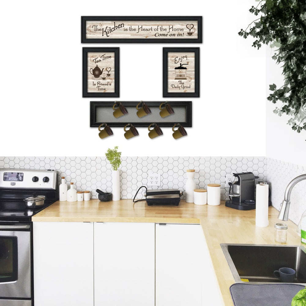 English Elm "kitchen Collection Iv" Handcrafted Wood Wall Art with 7-peg Mug Rack Black Frame B06787069
