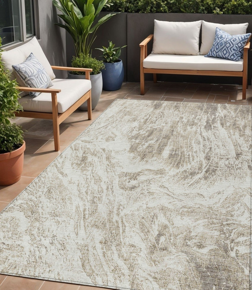 HomeRoots 5' Stylish Taupe and Ivory Abstract Washable Indoor-Outdoor Area Rug for Versatile Decor & Comfort 5' X 8' 614312