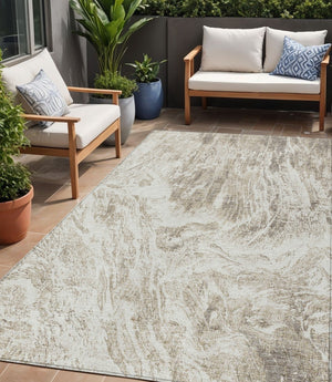 HomeRoots 5' Stylish Taupe and Ivory Abstract Washable Indoor-Outdoor Area Rug for Versatile Decor & Comfort 5' X 8' 614312