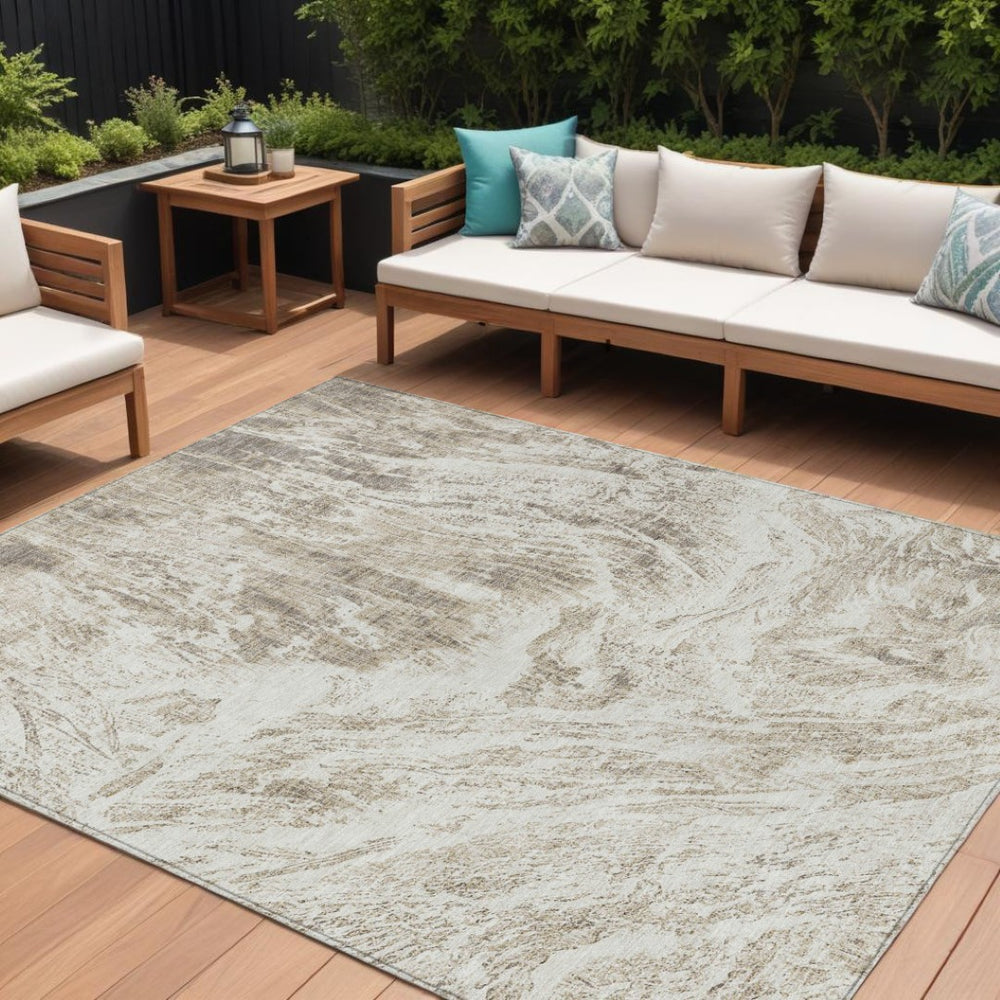 HomeRoots 9' Abstract Taupe & Ivory Washable Area Rug - Durable Indoor/Outdoor Design for High Traffic Spaces 614315