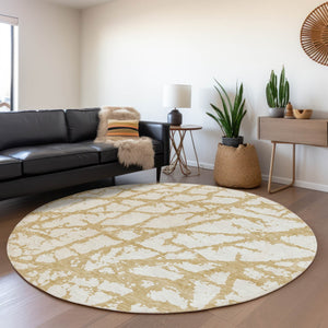 HomeRoots 5' Gold and Ivory Abstract Washable Area Rug - Durable, Stylish Design for Indoor and Outdoor Spaces 8' Round 614349