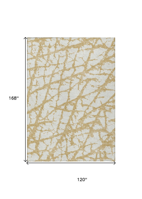 HomeRoots 5' Gold and Ivory Abstract Washable Area Rug - Durable, Stylish Design for Indoor and Outdoor Spaces 10' X 14' 614352